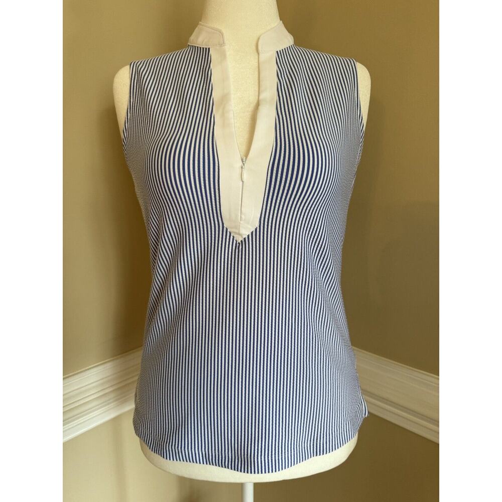 Fairway & Greene Sleeveless Tank, NWT, Navy Pinstripes, 1/4 Zip, Womens Medium
